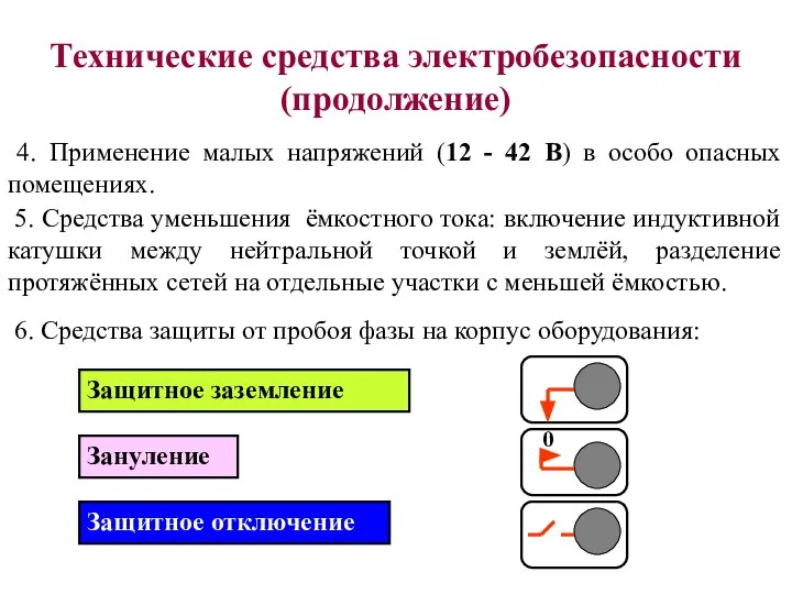 Технические средства электробезопасности (продолжение) 4. Применение малых напряжений (12 - 42 В)