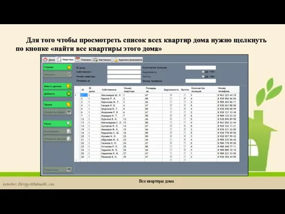 Для того чтобы просмотреть список всех квартир дома нужно щелкнуть по кнопке