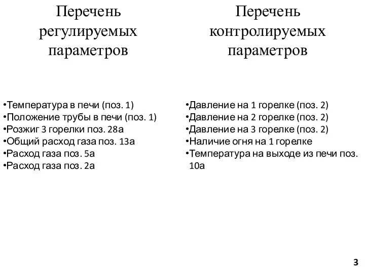 Перечень регулируемых параметров Перечень контролируемых параметров 3 Давление на 1 горелке (поз.