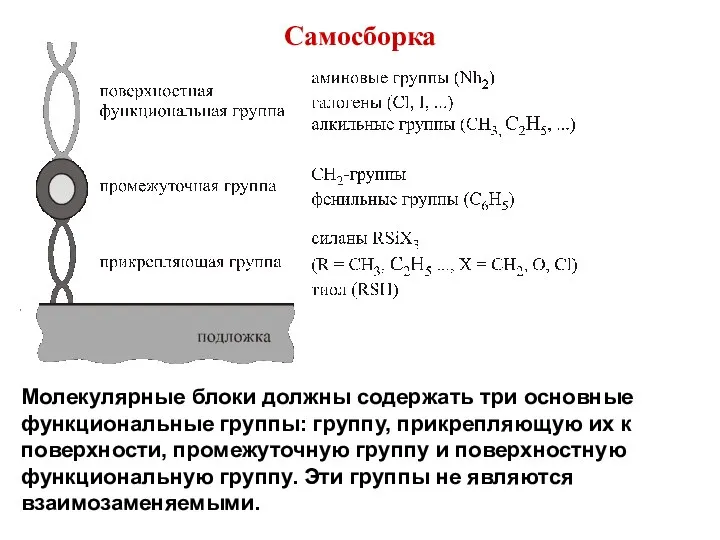 Самосборка Молекулярные блоки должны содержать три основные функциональные группы: группу, прикрепляющую их