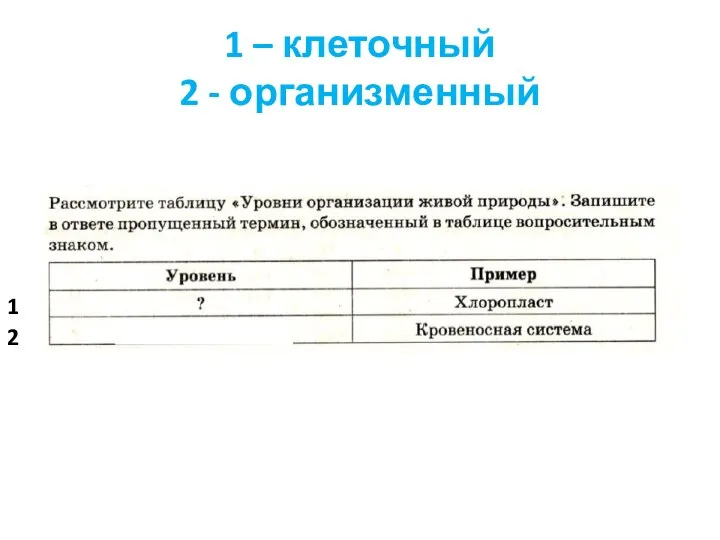 1 – клеточный 2 - организменный 2 1