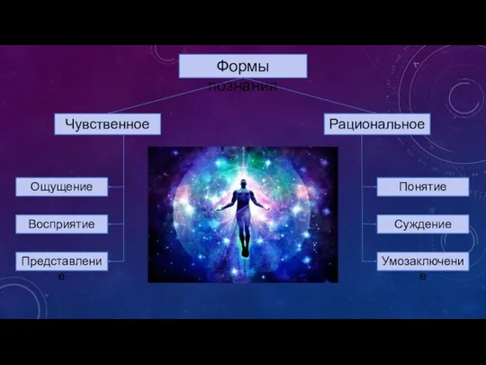 Формы познания Чувственное Рациональное Ощущение Представление Восприятие Суждение Понятие Умозаключение