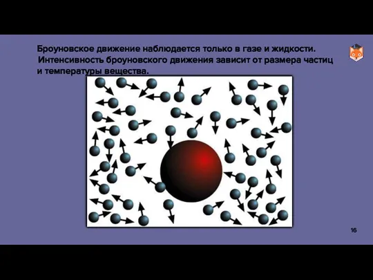 Броуновское движение наблюдается только в газе и жидкости. Интенсивность броуновского движения зависит