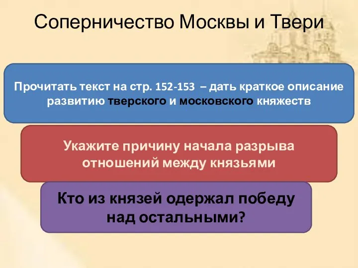 Соперничество Москвы и Твери Прочитать текст на стр. 152-153 – дать краткое