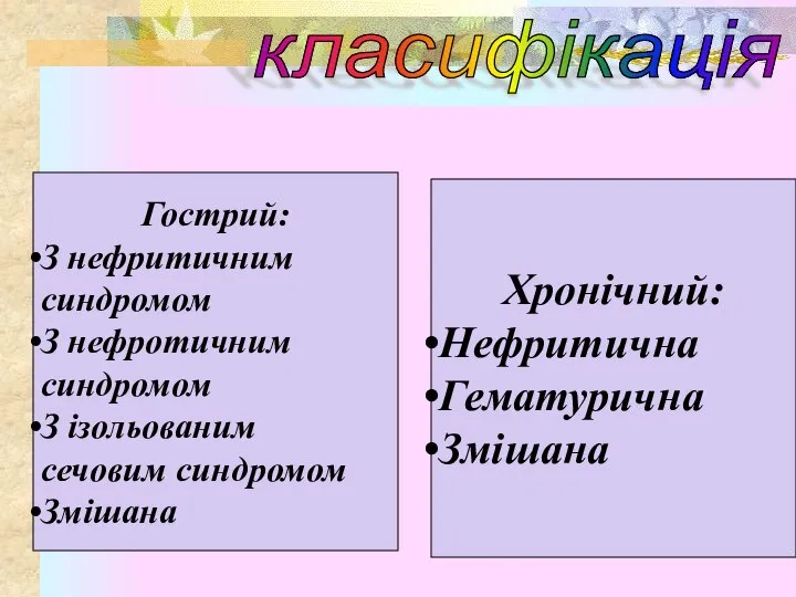 класифікація Гострий: З нефритичним синдромом З нефротичним синдромом З ізольованим сечовим синдромом
