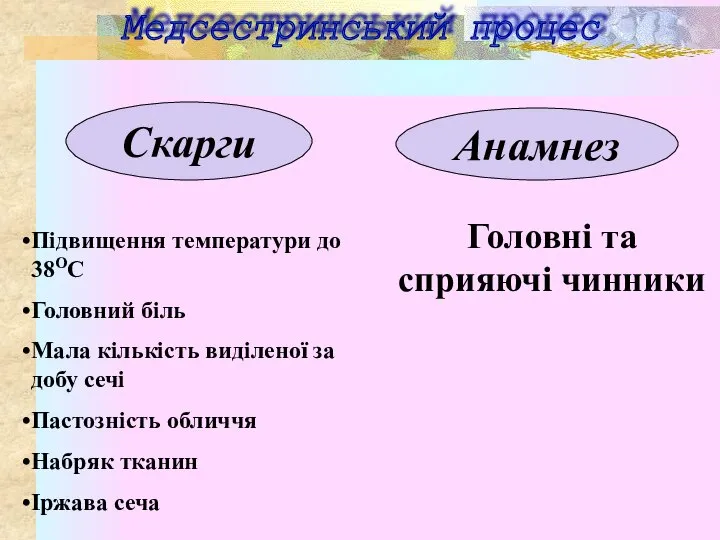 Медсестринський процес Скарги Підвищення температури до 38ОС Головний біль Мала кількість виділеної