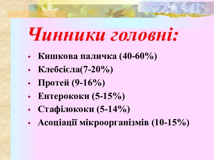 Чинники головні: Кишкова паличка (40-60%) Клебсієла(7-20%) Протей (9-16%) Ентерококи (5-15%) Стафілококи (5-14%) Асоціації мікроорганізмів (10-15%)