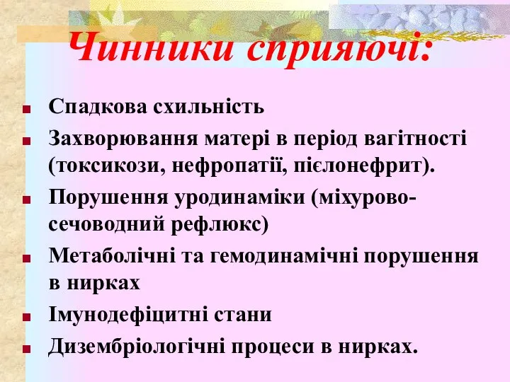 Чинники сприяючі: Спадкова схильність Захворювання матері в період вагітності (токсикози, нефропатії, пієлонефрит).