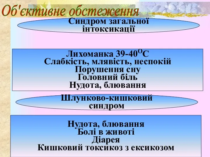 Об'єктивне обстеження Синдром загальної інтоксикації Лихоманка 39-40ОС Слабкість, млявість, неспокій Порушення сну