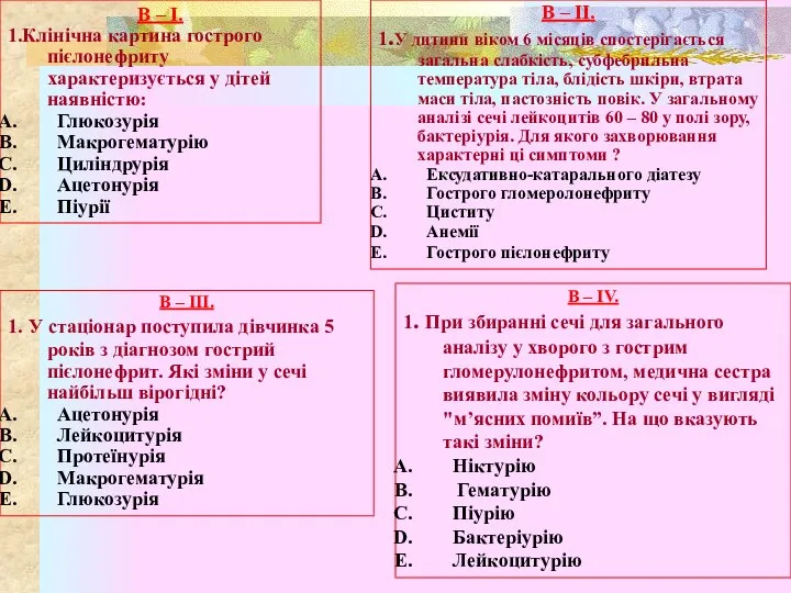 В – І. 1.Клінічна картина гострого пієлонефриту характеризується у дітей наявністю: Глюкозурія