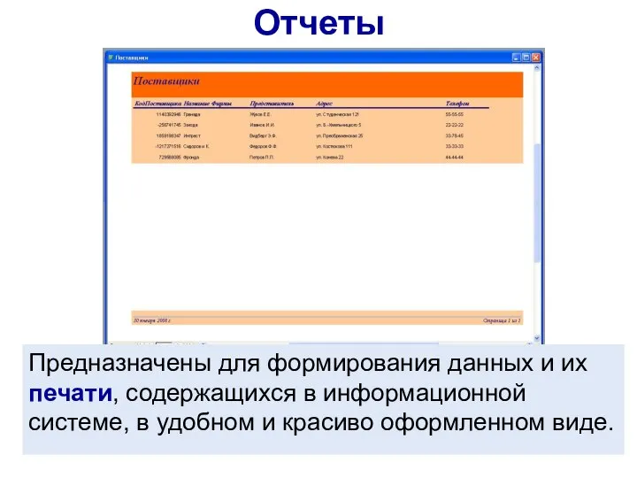 Отчеты Предназначены для формирования данных и их печати, содержащихся в информационной системе,