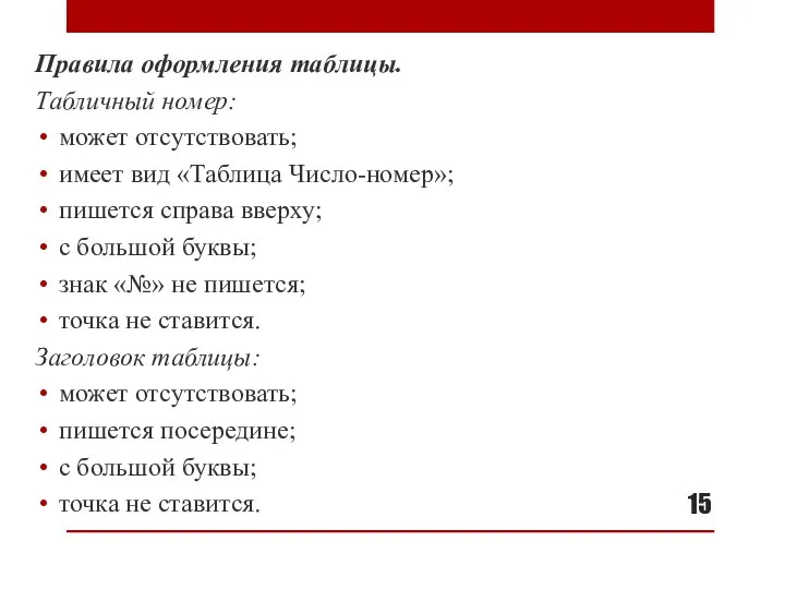 Правила оформления таблицы. Табличный номер: может отсутствовать; имеет вид «Таблица Число-номер»; пишется