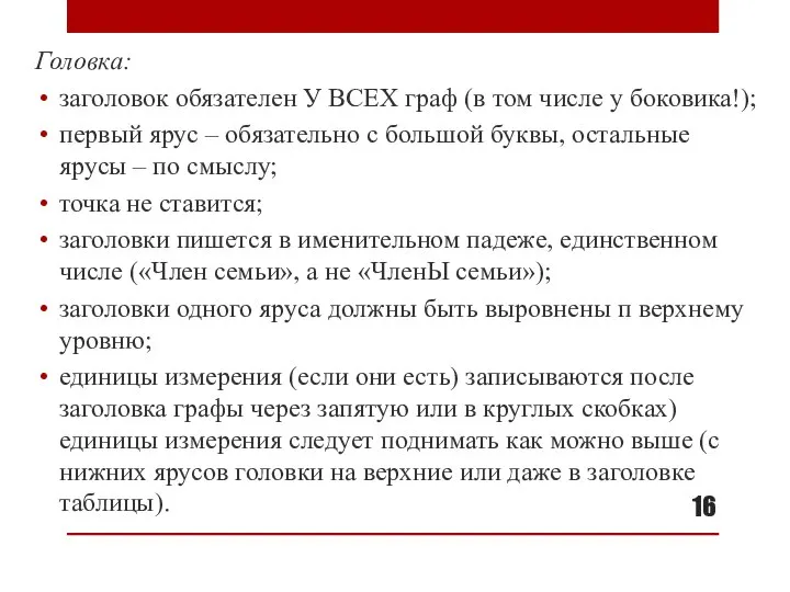 Головка: заголовок обязателен У ВСЕХ граф (в том числе у боковика!); первый