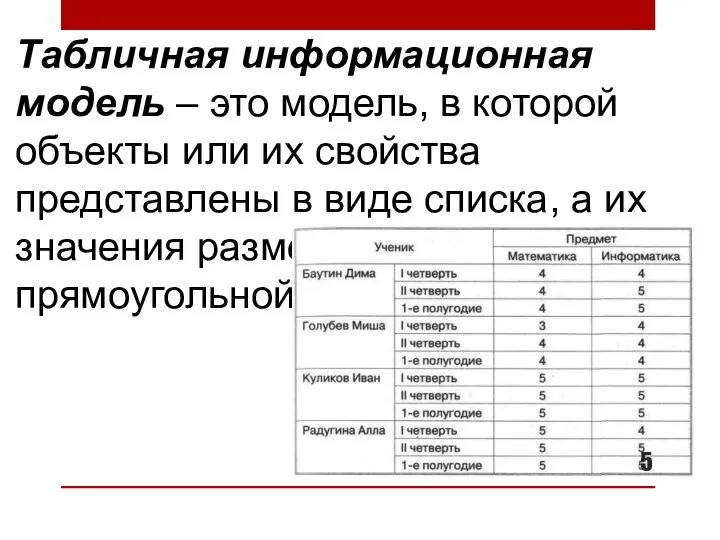 Табличная информационная модель – это модель, в которой объекты или их свойства