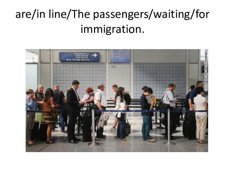 are/in line/The passengers/waiting/for immigration.