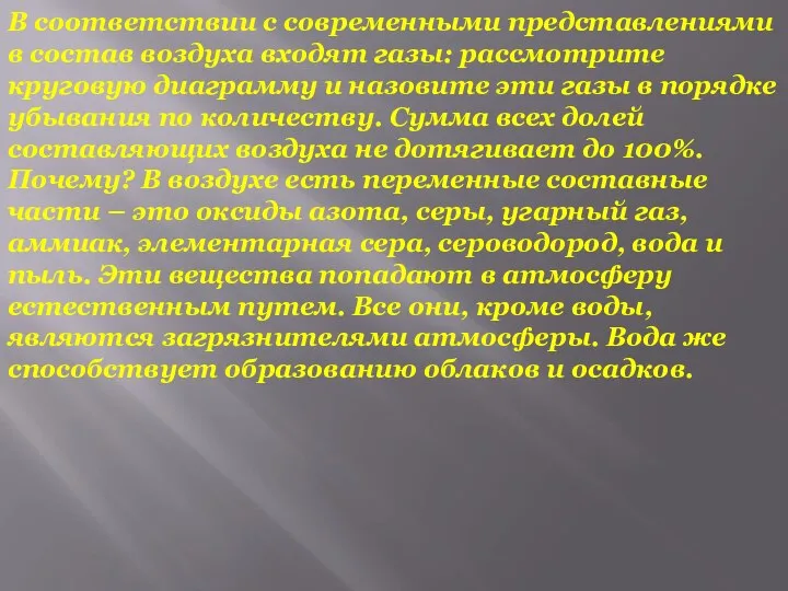 В соответствии с современными представлениями в состав воздуха входят газы: рассмотрите круговую