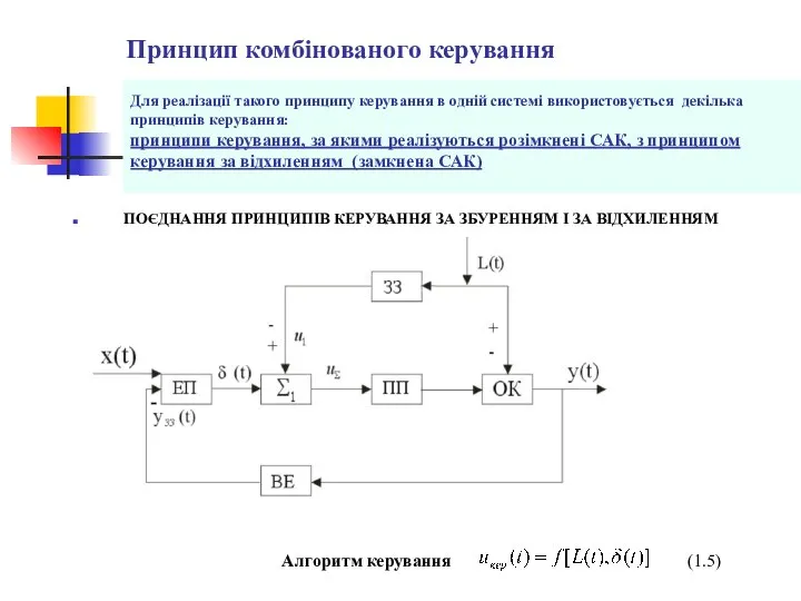 Принцип комбінованого керування ПОЄДНАННЯ ПРИНЦИПІВ КЕРУВАННЯ ЗА ЗБУРЕННЯМ І ЗА ВІДХИЛЕННЯМ Для