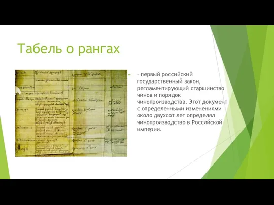 Табель о рангах – первый российский государственный закон, регламентирующий старшинство чинов и