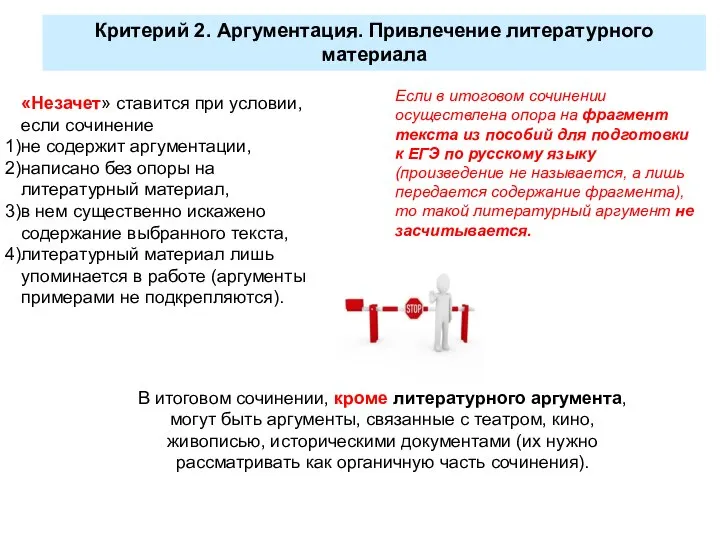 Критерий 2. Аргументация. Привлечение литературного материала «Незачет» ставится при условии, если сочинение