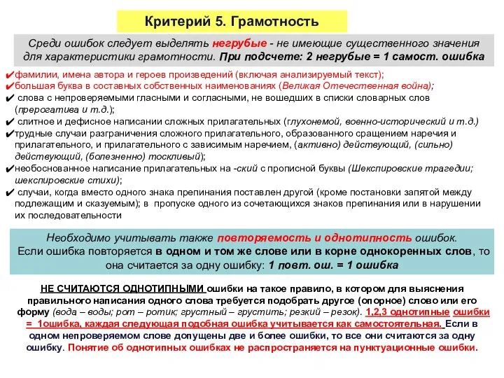 Критерий 5. Грамотность Среди ошибок следует выделять негрубые - не имеющие существенного