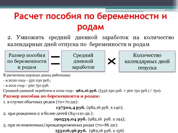 Расчет пособия по беременности и родам 2. Умножить средний дневной заработок на