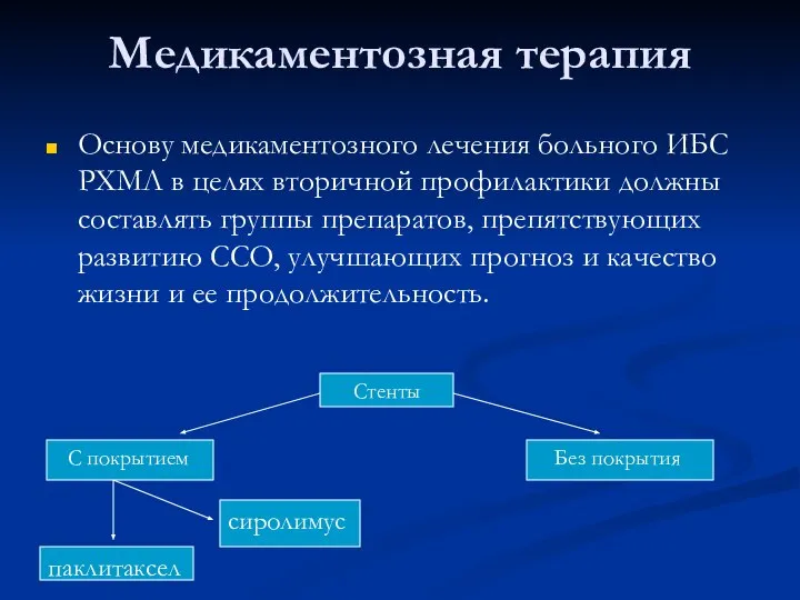 Медикаментозная терапия Основу медикаментозного лечения больного ИБС РХМЛ в целях вторичной профилактики