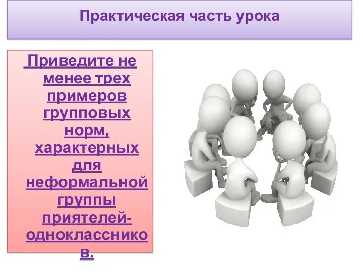 Приведите не менее трех примеров групповых норм, характерных для неформальной группы приятелей-одноклассников. Практическая часть урока