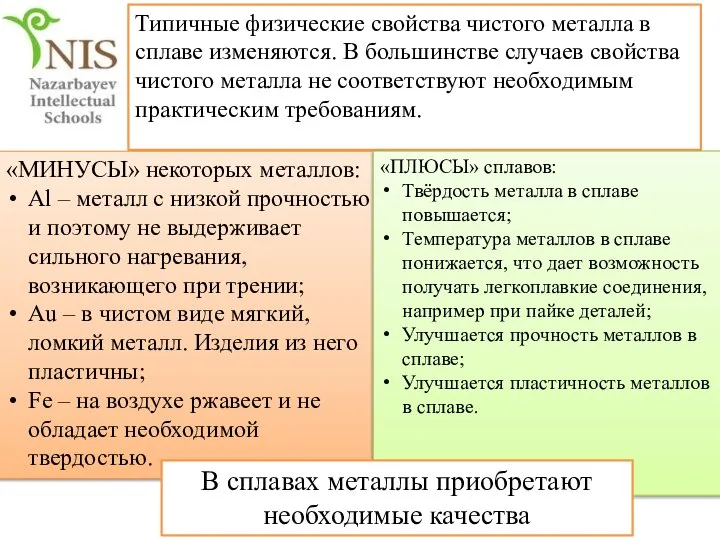 Типичные физические свойства чистого металла в сплаве изменяются. В большинстве случаев свойства