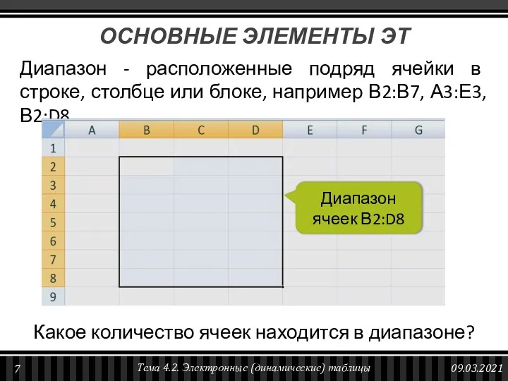 Диапазон - расположенные подряд ячейки в строке, столбце или блоке, например В2:В7,