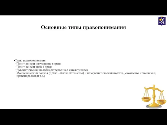 Основные типы правопонимания Типы правопонимания Позитивное и интуитивное право Позитивное и живое