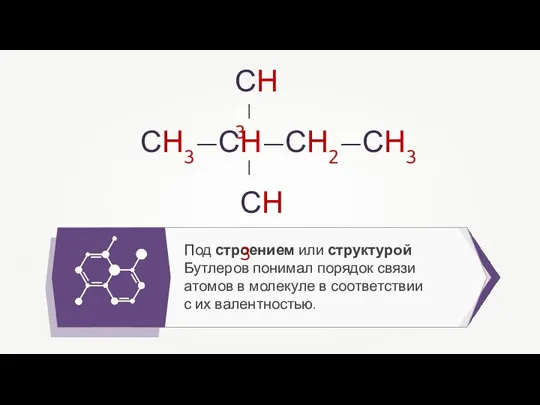 Под строением или структурой Бутлеров понимал порядок связи атомов в молекуле в соответствии с их валентностью.