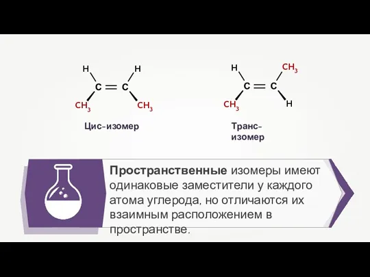 Пространственные изомеры имеют одинаковые заместители у каждого атома углерода, но отличаются их