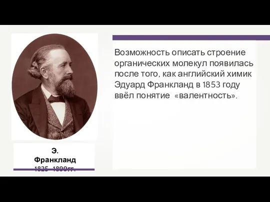 Э. Франкланд 1825–1899гг. Возможность описать строение органических молекул появилась после того, как