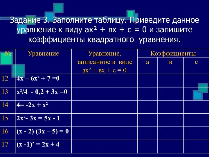 Задание 3. Заполните таблицу. Приведите данное уравнение к виду ах² + вх