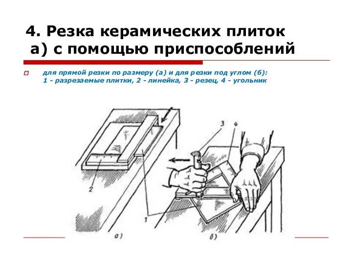 4. Резка керамических плиток а) с помощью приспособлений для прямой резки по