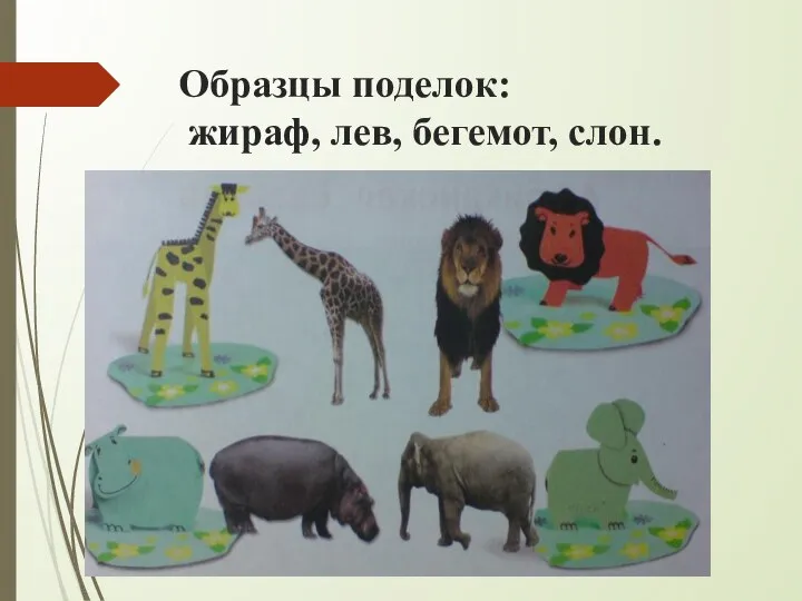 Образцы поделок: жираф, лев, бегемот, слон.