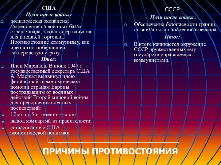 США Цели после войны: политическая экспансия, закрепление на военных базах стран Запада,