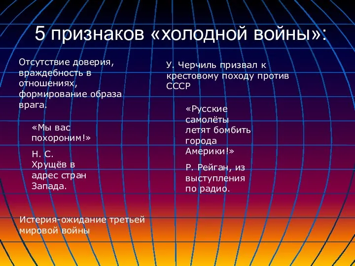 5 признаков «холодной войны»: Отсутствие доверия, враждебность в отношениях, формирование образа врага.