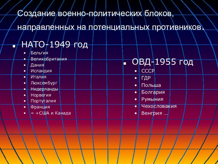 Создание военно-политических блоков, направленных на потенциальных противников. НАТО-1949 год Бельгия Великобритания Дания