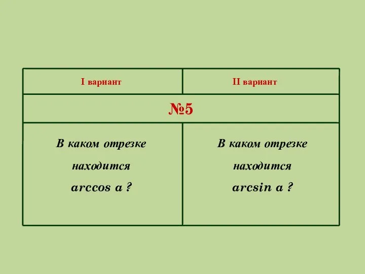 I вариант II вариант №5 В каком отрезке находится arccos a ?