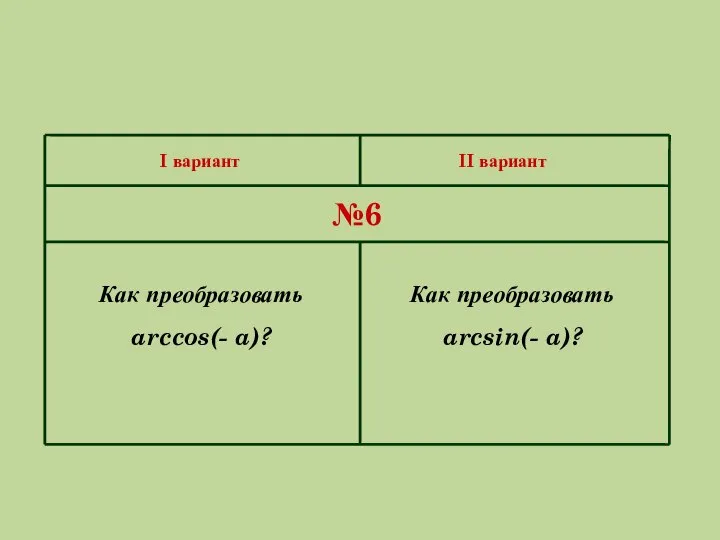 I вариант II вариант №6 Как преобразовать arccos(- a)? Как преобразовать arcsin(- a)?