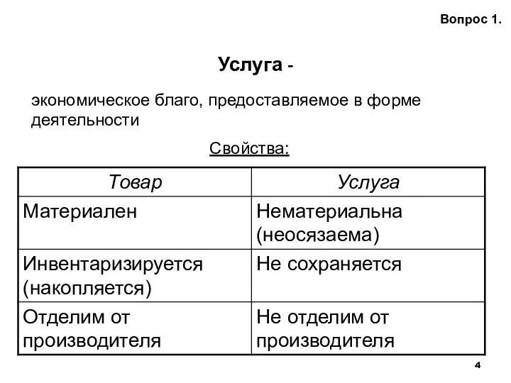 Услуга - Вопрос 1. Свойства: экономическое благо, предоставляемое в форме деятельности