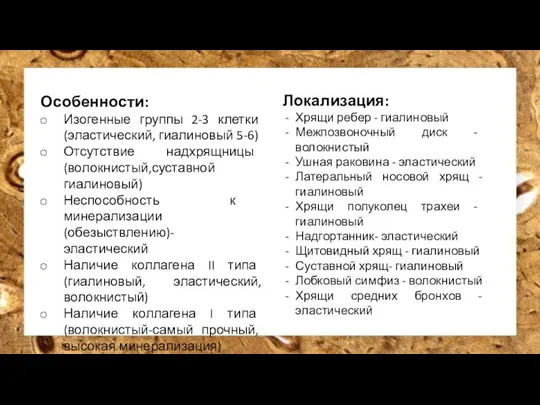 Локализация: Хрящи ребер - гиалиновый Межпозвоночный диск - волокнистый Ушная раковина -