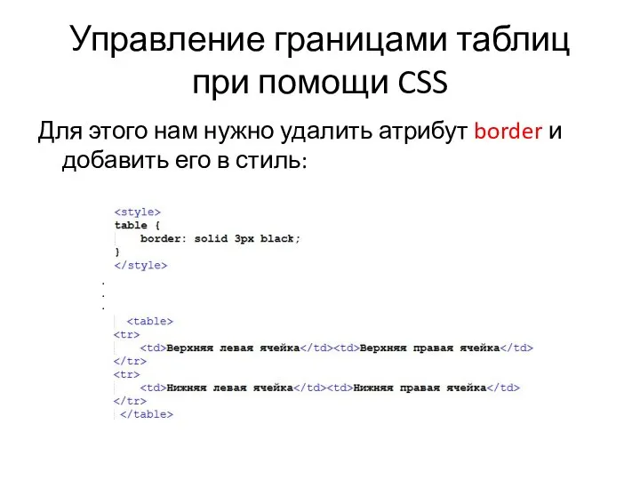 Управление границами таблиц при помощи CSS Для этого нам нужно удалить атрибут