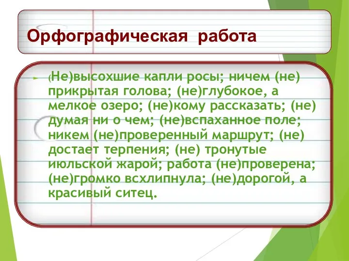 Орфографическая работа (Не)высохшие капли росы; ничем (не)прикрытая голова; (не)глубокое, а мелкое озеро;