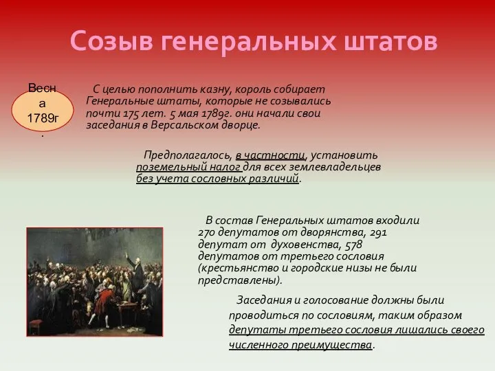 Созыв генеральных штатов С целью пополнить казну, король собирает Генеральные штаты, которые