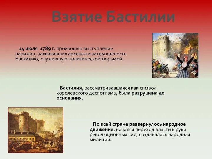 Взятие Бастилии 14 июля 1789 г. произошло выступление парижан, захвативших арсенал и