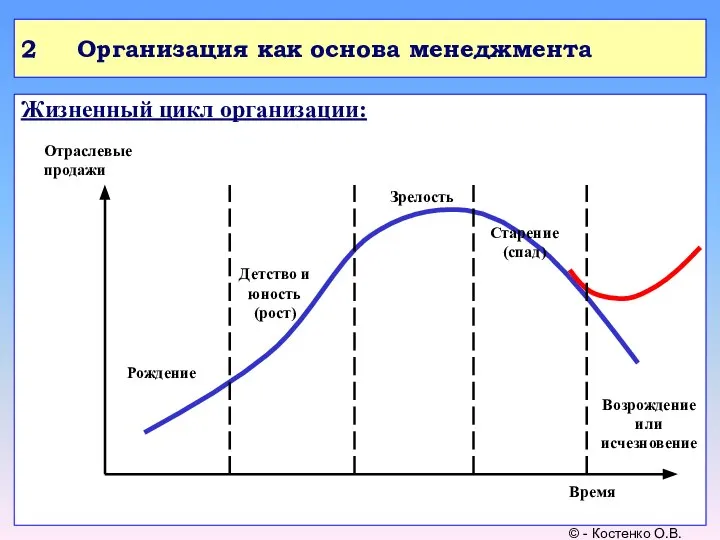 Жизненный цикл организации: Отраслевые продажи Время Рождение Детство и юность (рост) Зрелость