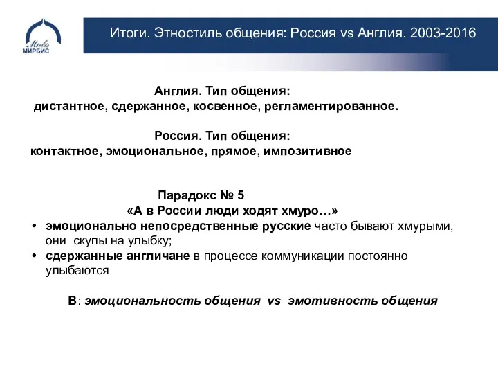 Итоги. Этностиль общения: Россия vs Англия. 2003-2016 Англия. Тип общения: дистантное, сдержанное,