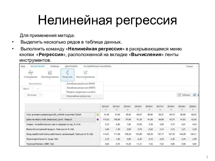 Нелинейная регрессия Для применения метода: Выделить несколько рядов в таблице данных. Выполнить